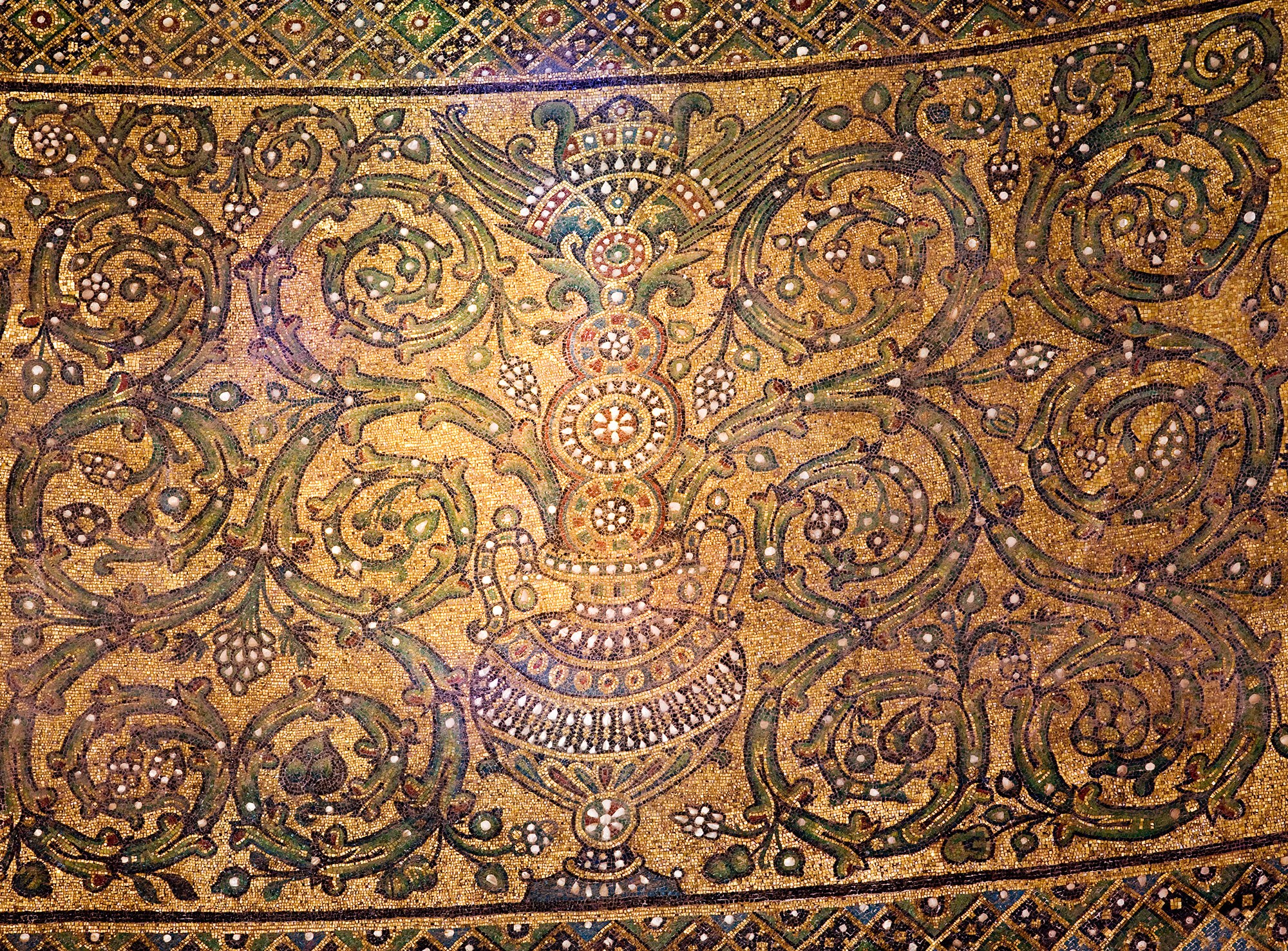 Photographs of Stained Glass Windows and Colored Light on Mosaics of Drum in the Qubbat al-Sakhra (Dome of the Rock), Masjid al-Aqsa, Haram al-Sharif, Jerusalem.